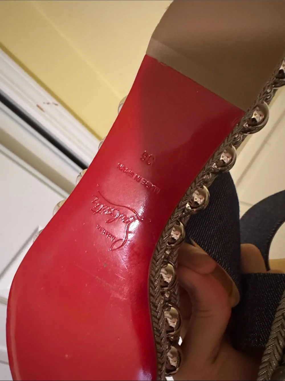 Christian Louboutin Denim Double-Strap Espadrille Sandals with Silver Studs